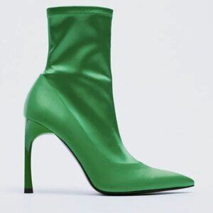 ZARA Green Satin Fabric High Heel Ankle Boots